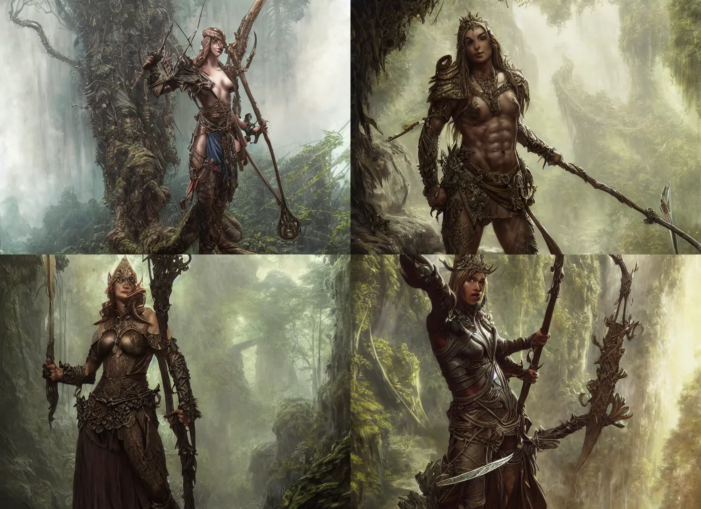 Prompt: ''Artstation concept of a elven adventurer holding a staff, musculous, high body detail, leather armour, Rainforest background, hyperdetailed, cgsociety, by greg rutkowski, by Gustave Doré, by Marco Turini, by Artgerm, Deviantart in the style of Tom Bagshaw, Cedric Peyranavernay, Peter Mohrbacher''