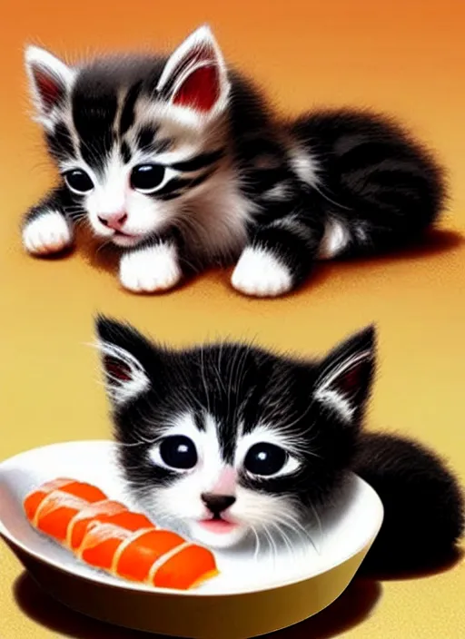 Image similar to clear photorealistic picture of adorable kittens made out of sushi