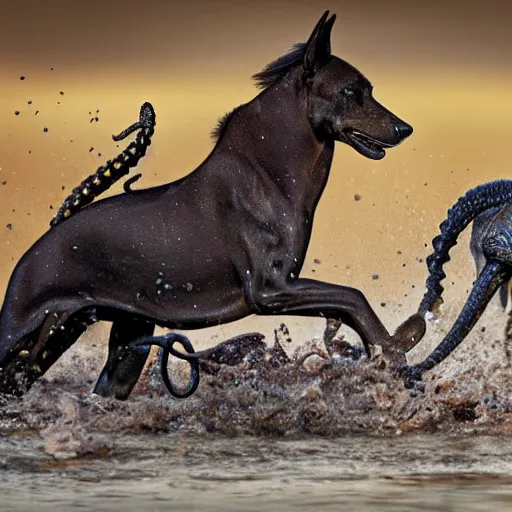 Image similar to National Geographic photo of horse full of octopus being eaten by African hunting dogs