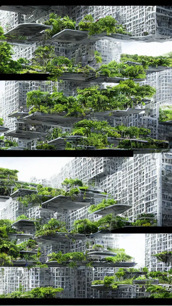 Image similar to 5 - panel comic page layout. 2 characters talking about sustainable futuristic building in a urban setting. ultrarealistic matte painting on white page. the building has many deep and tall balconies covered in plants and trees. thin random columns, large windows, deep overhangs. plants hang from balconies. greeble articulated details with plants. 8 k, uhd.