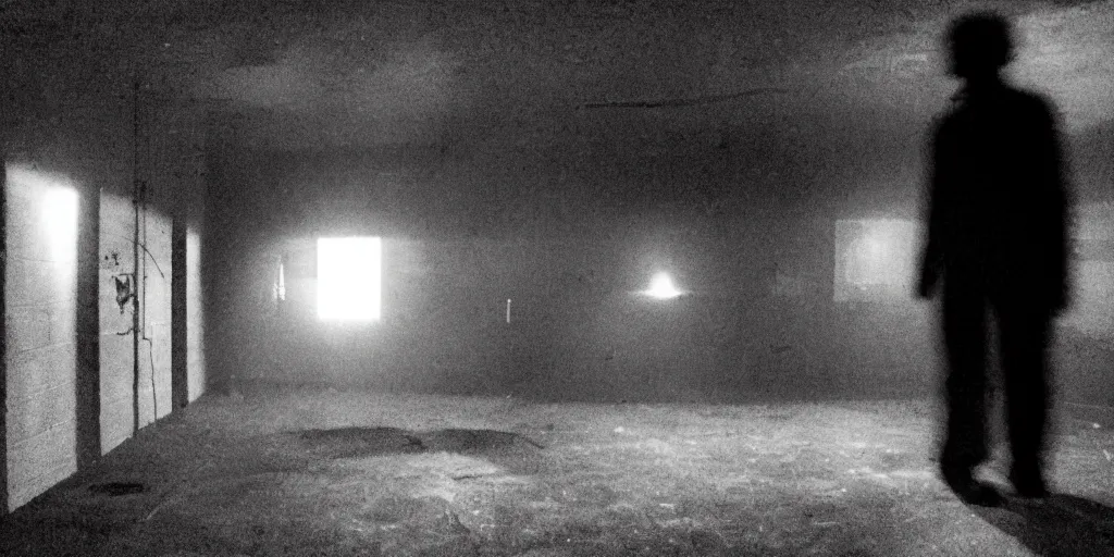 Prompt: surveilance video of a dark warehouse with a strange blurry figure roaming around in the shadows