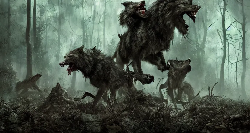 Image similar to an epic action concept masterpiece of a rabid wolfpack, in a forest made of nightmares, horrific digital art, extremely moody lighting, style of chippy