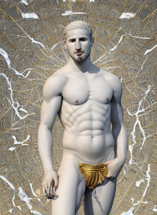 Image similar to a statue made of white marble with gold veins, of klay thompson and a bulldog, full body shot, perfect symmetrical body, perfect symmetrical face, hyper realistic, hyper detailed, by johannen voss, by peter kemp, by monia merlo, by michelangelo, by ernst haeckel, by alex grey, octane render, blender, 8 k