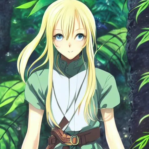 Prompt: blonde anime knight 5 4 3 2 5, standing in a jungle, finely detailed features perfect art anime illustration trending on pivix fanbox art by makoto shinkai, studio ghibli, takashi takeuchi, hajime isayama