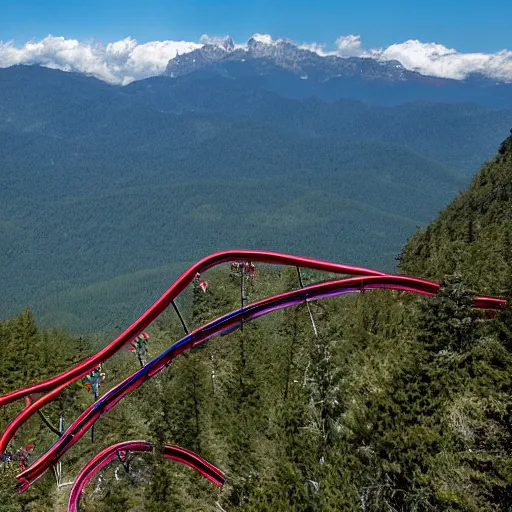 Prompt: a roller coaster that leads into a mountain