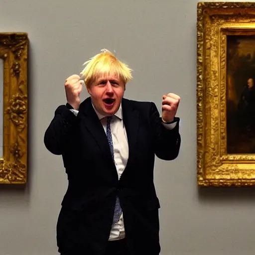 Image similar to Boris Johnson angrily throws tomatoes at paintings in the louvre