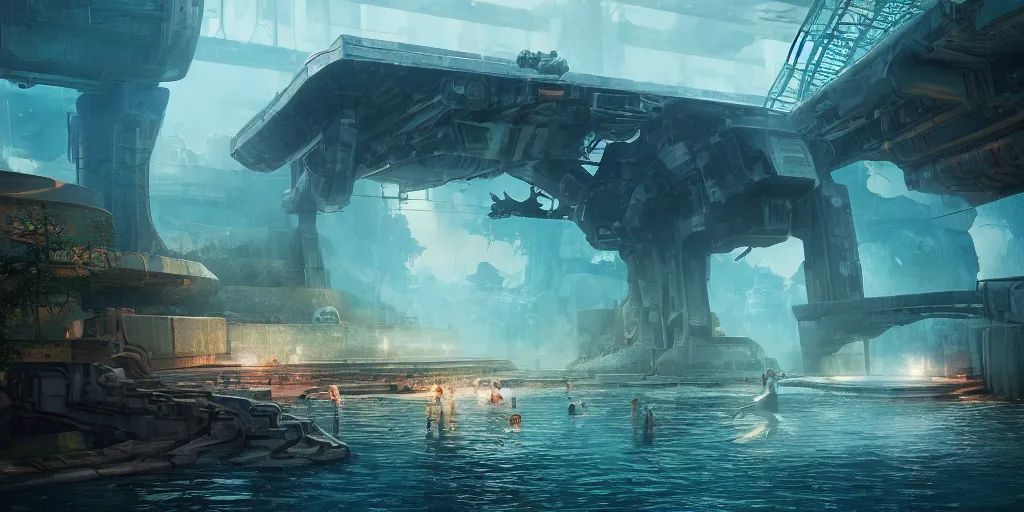 Image similar to alien spacecraft hovering over beautiful pool waterfalls surrounded by alien robots, steel archways, industrial buildings, rusty metal towers, sun setting, ross tran, fantasy, james jean,, cinematic lighting, digital painting, octane render