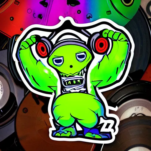 Image similar to svg sticker of a Pop-Wonder Alien-Bog-Monster-Swamp-Rat-Thunder-Coot-Racing-Fan at a rave, spinning records, giant headphones rocking out, wearing headphones, huge speakers, dancing, rave, DJ, spinning records, digital art, amazing composition, rule-of-thirds, award-winning, trending on artstation, featured on deviantart