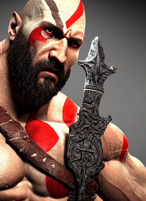 Image similar to film still from god of war, 3 d model, a highly detailed beautiful closeup photo of dwayne johnson kratos hybrid god of war holding a sword and fighting zombies on a pile of human skulls, spartan warrior, olympian god, muscular!,, action pose, ambient lighting, volumetric lighting, octane, fantasy