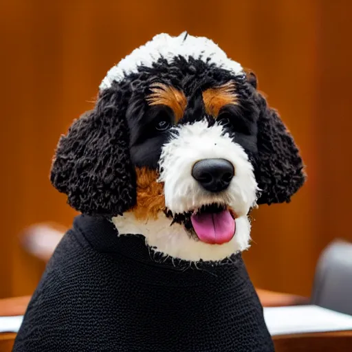 Prompt: a closeup photorealistic photograph of a cute smiling knitted bernedoodle judge dog dressed in a black gown, presiding over the courtroom. professional capture, well lit shot. this 4 k hd image is trending on artstation, featured on behance, well - rendered, extra crisp, features intricate detail, epic composition and the style of unreal engine.