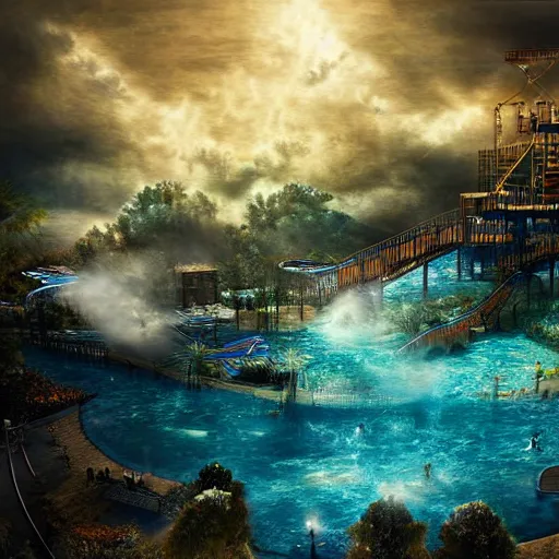 Image similar to waterpark in the clouds of heaven, digital art, cinematic lighting, epic composition, highly detailed