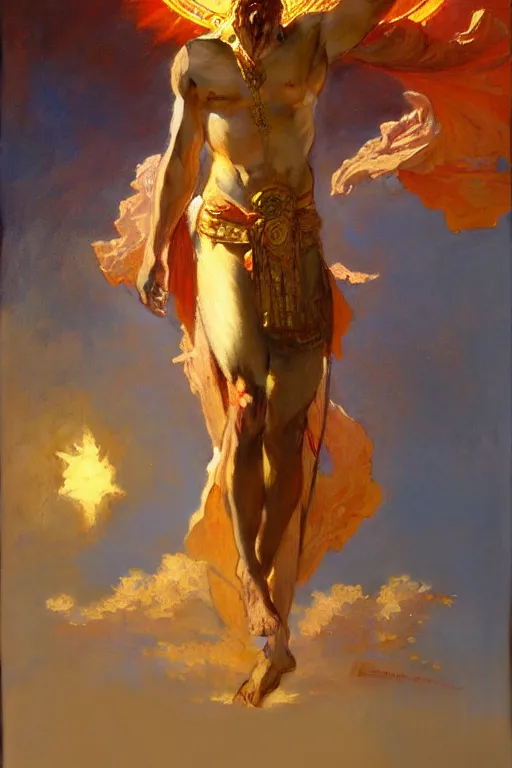 Prompt: god of sun, male character design, painting by gaston bussiere, craig mullins, greg rutkowski, alphonse mucha, trending on artstation