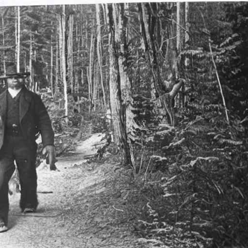Prompt: a photo from the early 1900s of Bigfoot walking in the forest and looking at the camera
