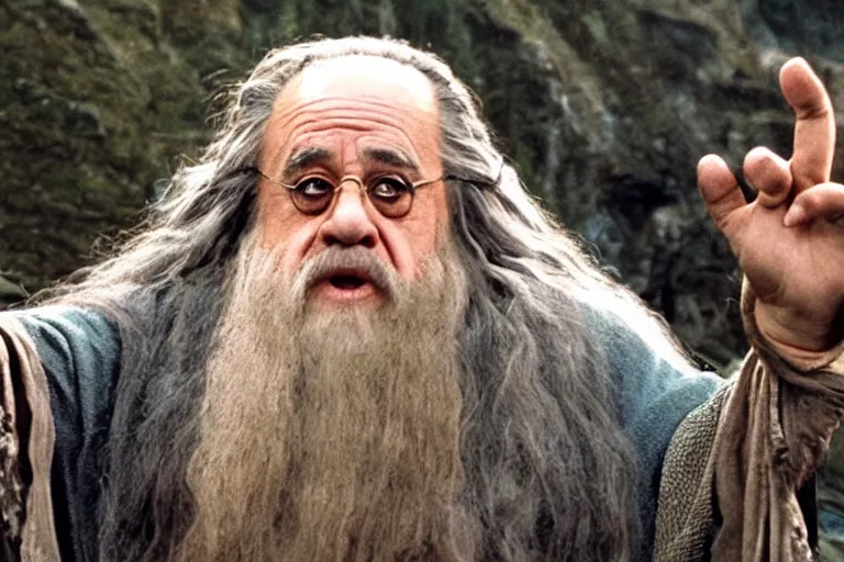 Prompt: Film still of Danny DeVito as Gandalf in the movie Lord of the Rings