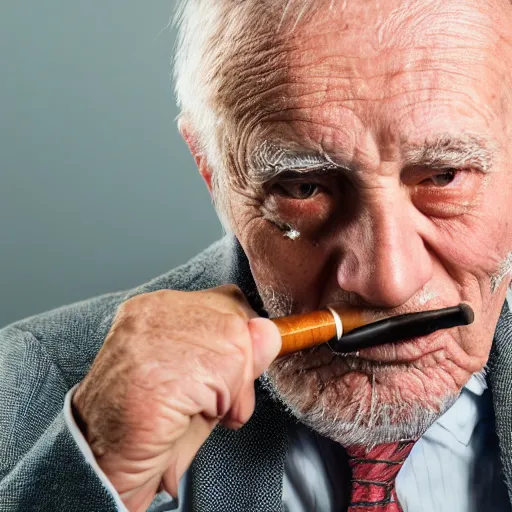 Image similar to Studio photo close up of an old man wearing a suit and smoking a pipe, battered by life, 4k HDR, sigma 85mm f/1.4, atmospheric lighting