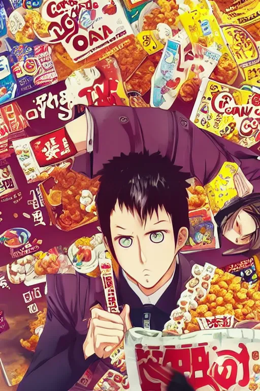 Prompt: manga cover, ryan gosling, cereal boxes background, cereal, emotional lighting, character illustration by tatsuki fujimoto, chainsaw man, fire punch