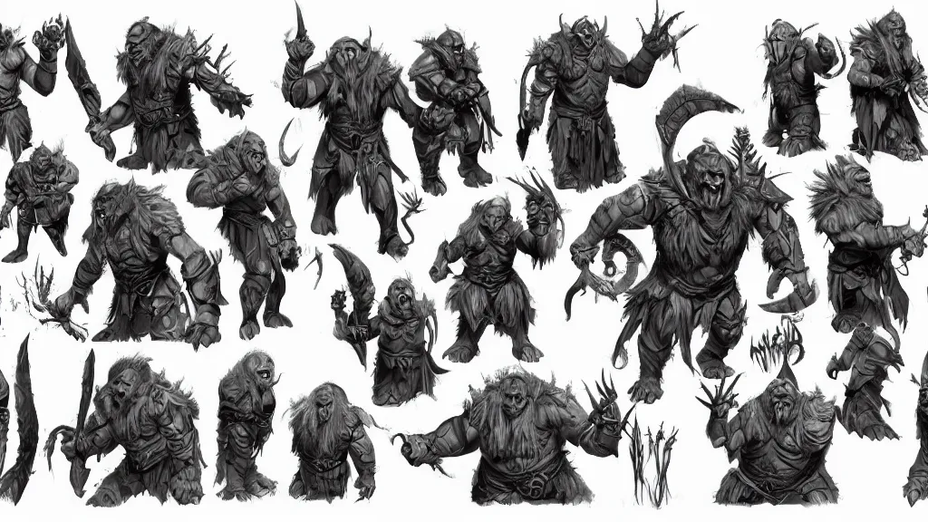 Image similar to a fantasy orc chieftain character design sheet, trending on artstation