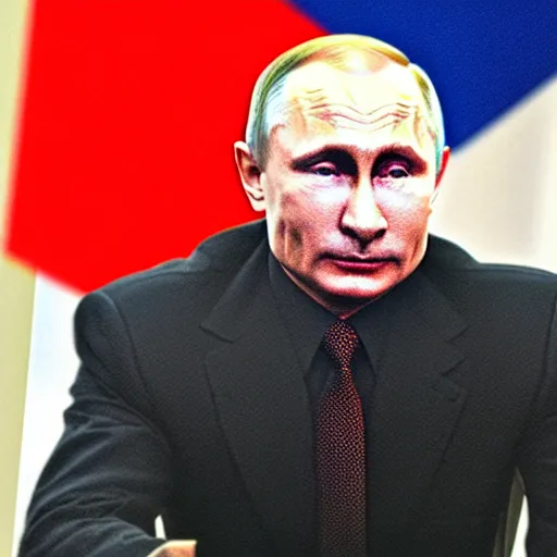 Image similar to vladimir putin with a hitler mustache and outfit