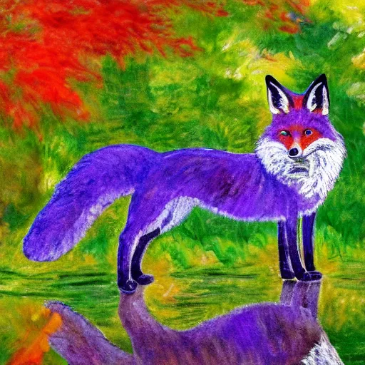 Prompt: fox in the garden, vivid watercolor, in the style of claude monet, beautiful face, fall leaves multiple colours, award winning, hd, 4 k, purple, blue