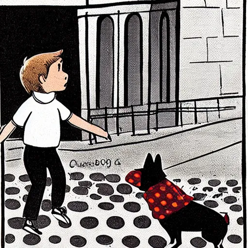 Image similar to book illustration of a french boy on the streets of paris playing football against a corgi, the dog is wearing a polka dot scarf, 1 9 6 6