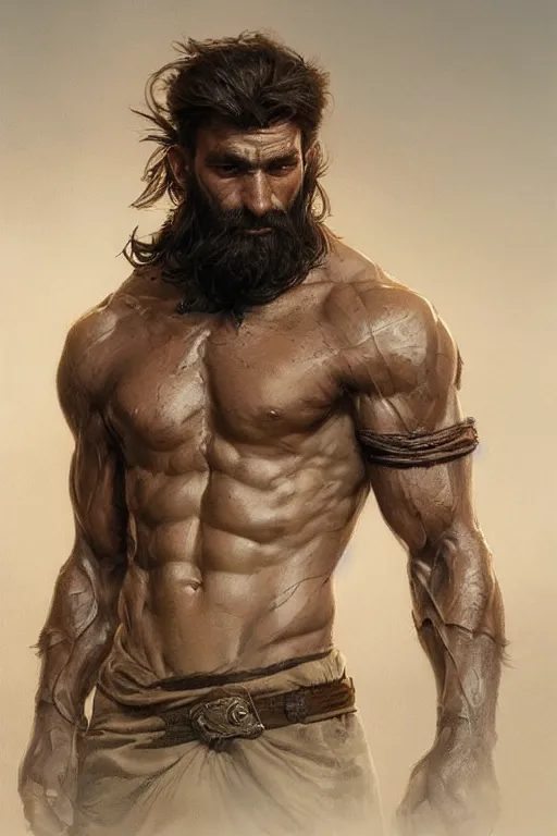 Image similar to portrait of a rugged ranger, muscular, upper body, hairy torso, D&D, fantasy, intricate, elegant, highly detailed, digital painting, artstation, concept art, smooth, sharp focus, illustration, art by artgerm and Greg Rutkowski and Alphonse Mucha