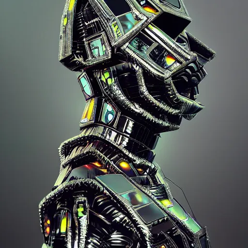 Image similar to “Powerful dark sleek humanoid being wearing iridescent shimmering cosmic gothic ninja armor made of circuit boards (Epic scene, rich atmosphere, octane render, full body portrait)”