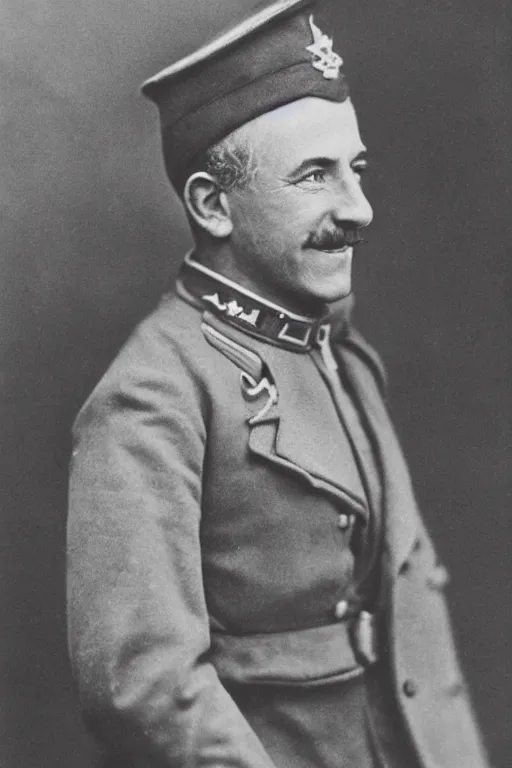 Image similar to official Portrait of a smiling WWI admiral, male, cheerful, happy, detailed face, 20th century, highly detailed, cinematic lighting, photograph, black and white