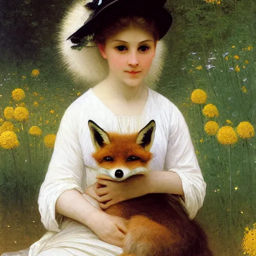 Prompt: A portrait of a fox wearing a white dress and a hat covered in dandelions, beautiful soft painting by William-Adolphe Bouguereau and Robert Cleminson