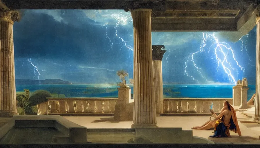 Image similar to A pool inside the giant Palace, mediterranean balustrade and columns, refracted lines and sparkles, thunderstorm, greek pool, beach and Tropical vegetation on the background major arcana sky and occult symbols, by paul delaroche, hyperrealistic 4k uhd, award-winning, very detailed paradise