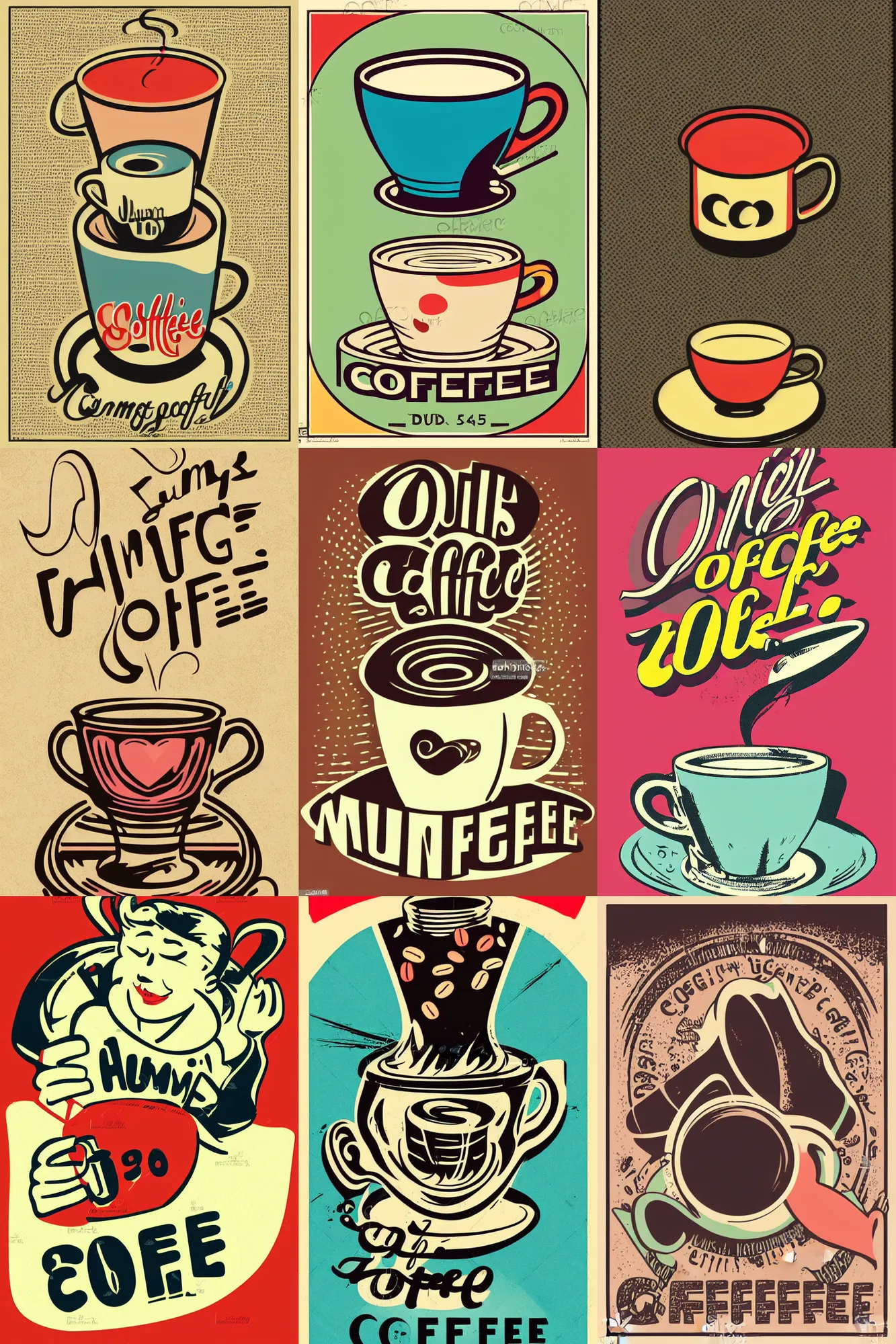 Prompt: vintage 1950s colorful cup of coffee humming vector art logo by mcbess, full colour print, only images