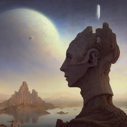 Image similar to David Friedrich, scifi landscape, hyperrealistic surrealism, award winning masterpiece with incredible details, epic stunning, infinity pool, a surreal vaporwave liminal space, highly detailed, trending on ArtStation, artgerm and greg rutkowski and alphonse mucha, daily deviation, IAMAG, broken giant marble head statue ruins, golden hour