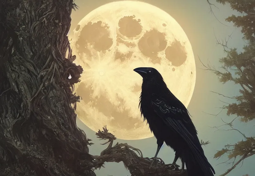 Image similar to crow on tree in front of the full big moon, highly detailed, digital painting, artstation, concept art, smooth, sharp focus, illustration, Unreal Engine 5, 8K, art by artgerm and greg rutkowski and alphonse mucha