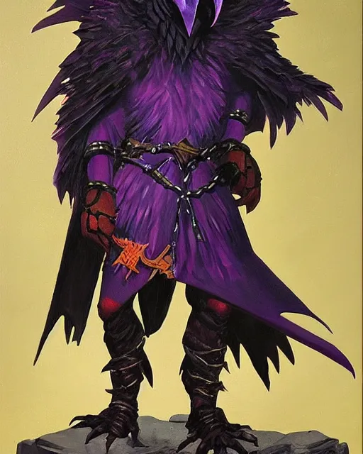 Prompt: dnd kenku person. epic dungeons and dragons armored raven character. oil on canvas featured by keith parkinson 1 9 8 5. cinematic, bending to track. composition. realistic facial features and expression. metroid