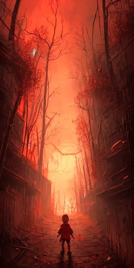 Image similar to abandoned apocalyptic old alley filled with monsters with a kid at the centre, trees and stars background, falling petals, epic red - orange sunlight, perfect lightning, illustration by niko delort,
