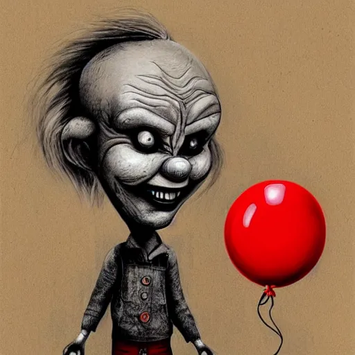 Prompt: surrealism grunge cartoon portrait sketch of the lost man with a wide smile and a red balloon by - michael karcz, loony toons style, pennywise style, chucky style, horror theme, detailed, elegant, intricate