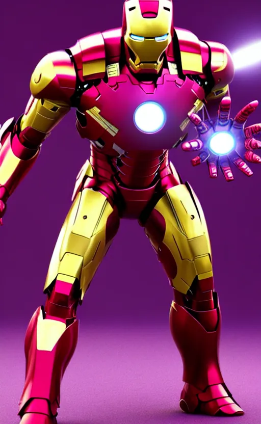 Prompt: iron man's suit but the color scheme is royal purple and gold, octane render, photorealistic, realistic shading, cinematic, detailed textures