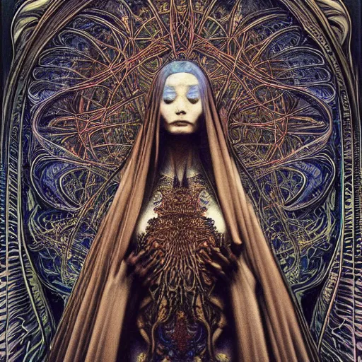 Prompt: dmt priestess by zdzisław beksinski and alphonse mucha. highly detailed, hyper - real, very beautiful, intricate fractal details, very complex, opulent, epic, mysterious, trending on deviantart and artstation, polished and minimalist redesign by zaha hadid