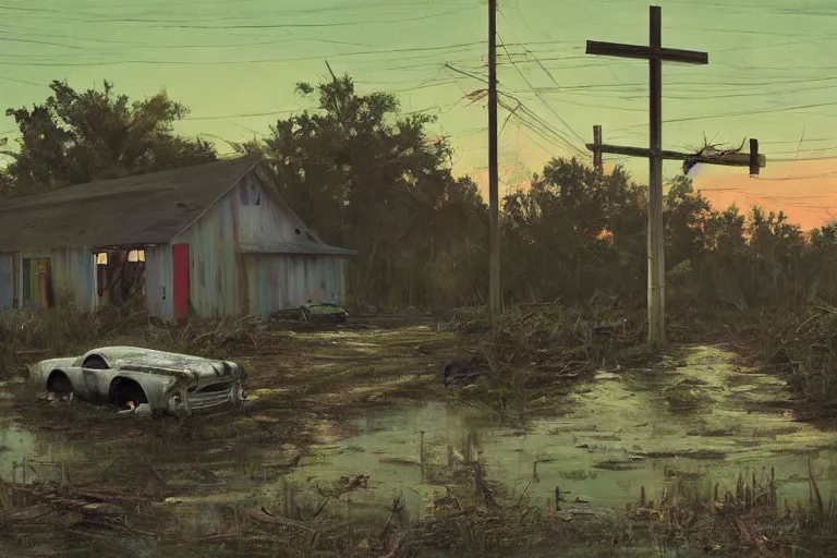 Image similar to scene fromlouisiana swamps, old protestant church with neon cross, junkyard by the road, boy scout troop, voodoo artwork by tim eitel