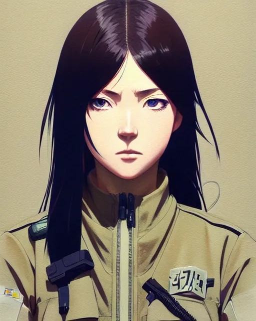 Image similar to girl wearing tactical gear, very anime, fine - face, audrey plaza, realistic shaded perfect face, fine details. anime. realistic shaded lighting poster by ilya kuvshinov katsuhiro otomo ghost - in - the - shell, magali villeneuve, artgerm, jeremy lipkin and michael garmash and rob rey