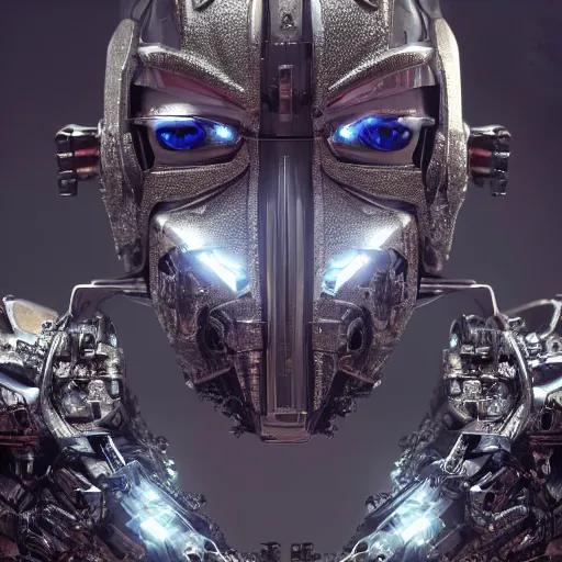 Prompt: Ultra-detailed cinematic render of a macro mecha cyborg face, cyborg eyes, metalic reflection, intricate details, full body, torso, wires, unreal engine, dragon armor, intricate, octane render, high quality, ornate gems, 8k, by takeshi yoshida, volumetric lighting, person centered composition, trending on art station