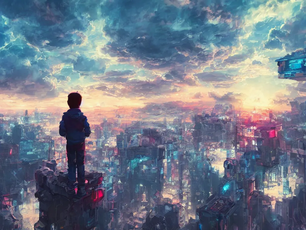 Image similar to a painting of a boy on top of a building watching a colorful sunrise futuristic city surrounded by clouds, cyberpunk art by yoshitaka amano and alena aenami, cg society contest winner, retrofuturism, matte painting, apocalypse landscape, cityscape