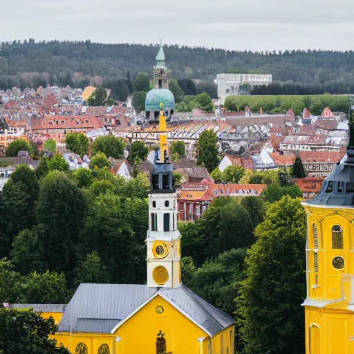 Image similar to a large yellow building with a steeple on top of it, on a hill, a flemish baroque by karl stauffer - bern, unsplash, heidelberg school, panorama, wimmelbilder, nikon d 7 5 0