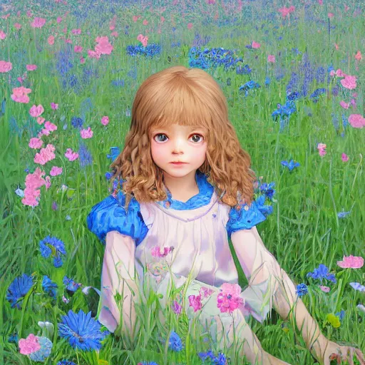 Prompt: a painting of a little girl with short wavy curly light brown hair and blue eyes, sitting in a field of flowers. beautiful detailed face line art by ilya kuvshinov and raymond swanland