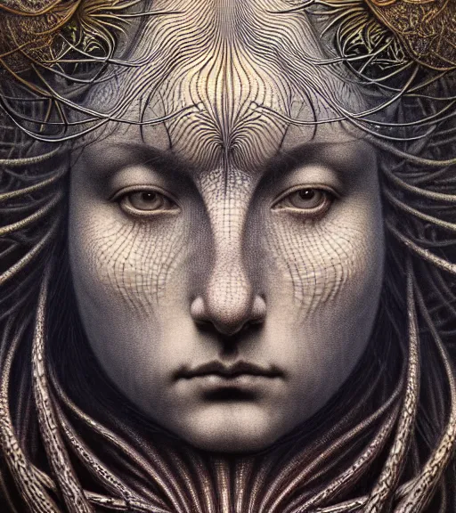 Image similar to detailed realistic beautiful thunder goddess face portrait by jean delville, gustave dore, iris van herpen and marco mazzoni, art forms of nature by ernst haeckel, art nouveau, symbolist, visionary, gothic, neo - gothic, pre - raphaelite, fractal lace, intricate alien botanicals, ai biodiversity, surreality, hyperdetailed ultrasharp octane render