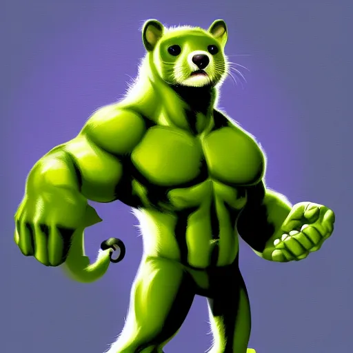 Image similar to A ferret as The Hulk, white background, Digital painting