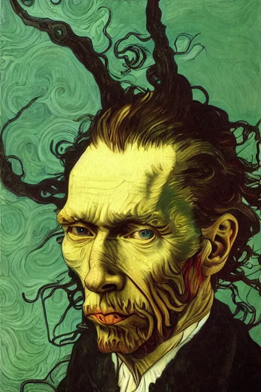 Image similar to realistic detailed portrait of van goh by denis villeneuve, amano, yves tanguy, alphonse mucha, ernst haeckel, max ernst, roger dean, ridley scott, dynamic closeup