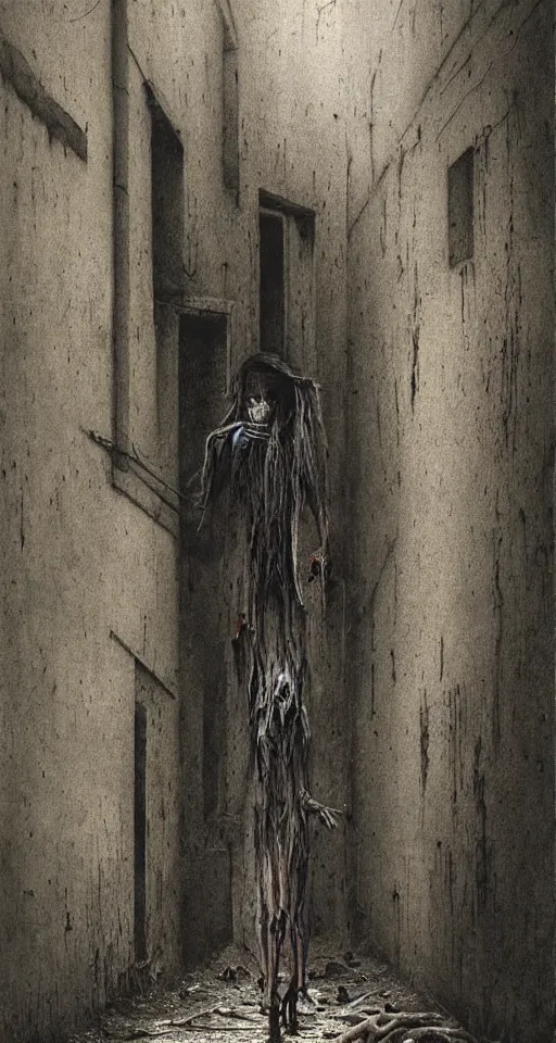 Prompt: lonely cannibal in alleyway, skinny and hunry with black tatterd clothing and bloody fingers at night, horror, gothic, lovecraftian, 4 k, realistic, high detail, gruesome, by zdzisław beksinski