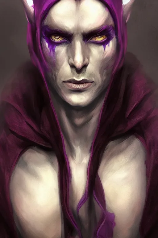 Image similar to male djinn man demon hybrid, portrait, concept art, purple cloak, single face, illustration, costume design, white spiral horns, editorial photo, fashion, hyperrealism, realism, trending on artstation, Charlie Bowater, WLOP