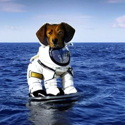 Image similar to a dog taking a dump wearing an astronaut helmet, in the middle of the ocean