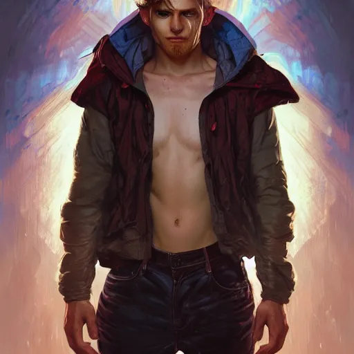 Prompt: character concept portrait, symmetrical head-on centralized, tired young man wearing tattered clothes. Detailed, high quality, dynamic lightning, fantasy. Artwork by Artgerm, WLOP, Alex Ross, Greg Rutknowski, Alphonse Mucha
